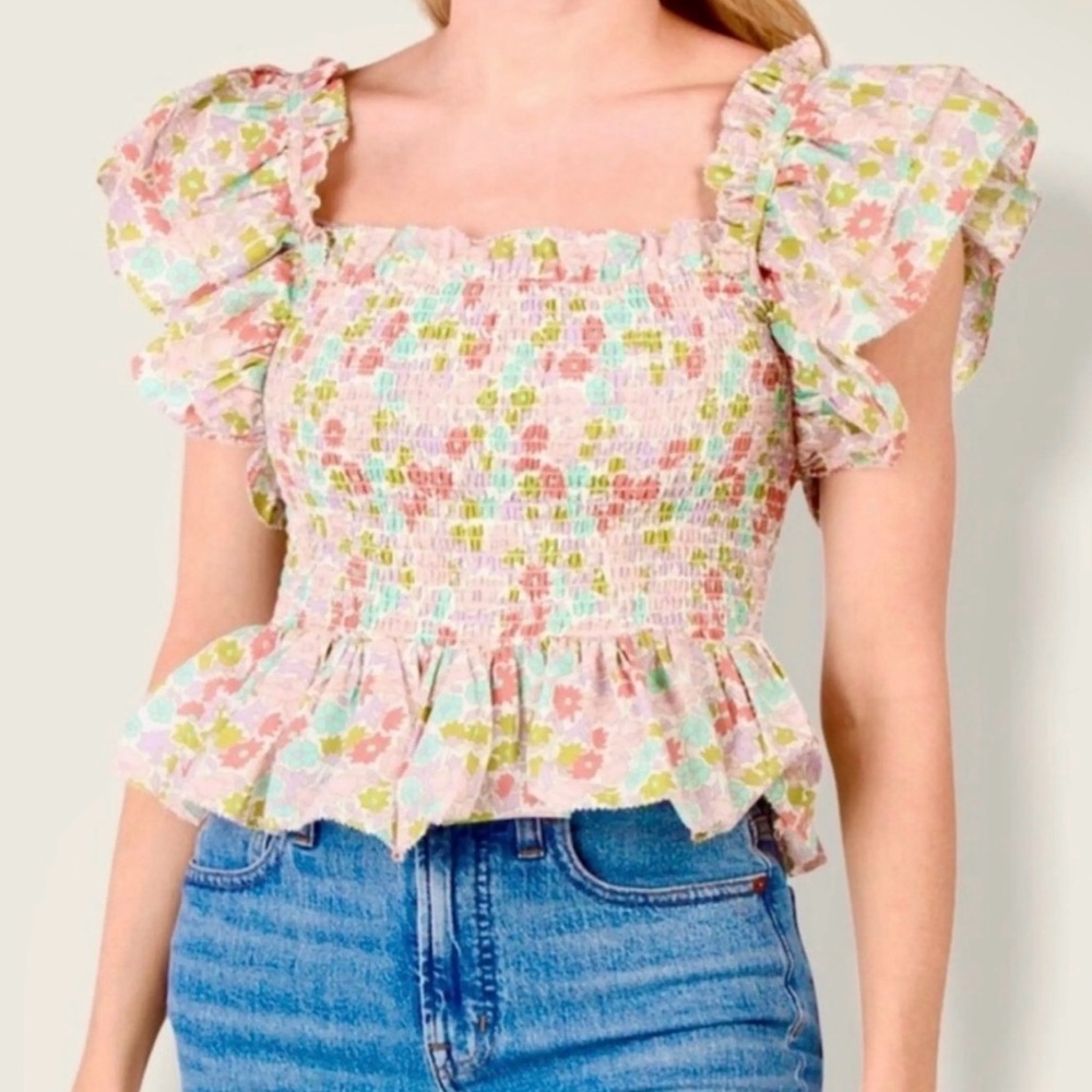 Love the Label Floral Smocked Peplum Top XS Cottagecore Anthropologie Style